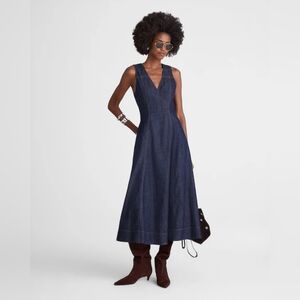 Madewell Denim V-neck Circle Midi Dress Size 14 Pockets Sleeveless 100% Cotton